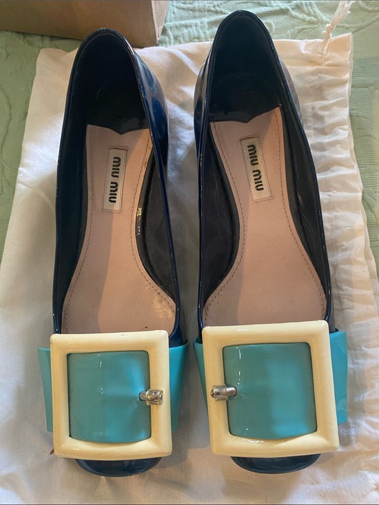 Miu Miu Shoes - Miu Miu Navy Patent Flats with Turquoise and Cream Buckle size 6.5/36.5